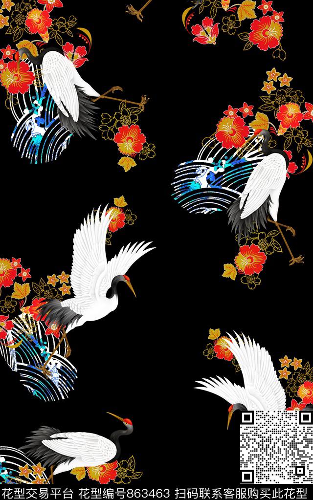 F170601.jpg - 863463 - 民族风 仙鹤 日本花 - 传统印花花型 － 女装花型设计 － 瓦栏