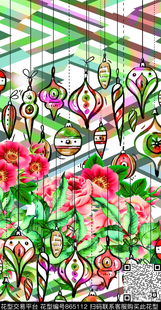 几何条子玫瑰花.jpg - 865112 - 中国 植物 鹦鹉 - 数码印花花型 － 男装花型设计 － 瓦栏