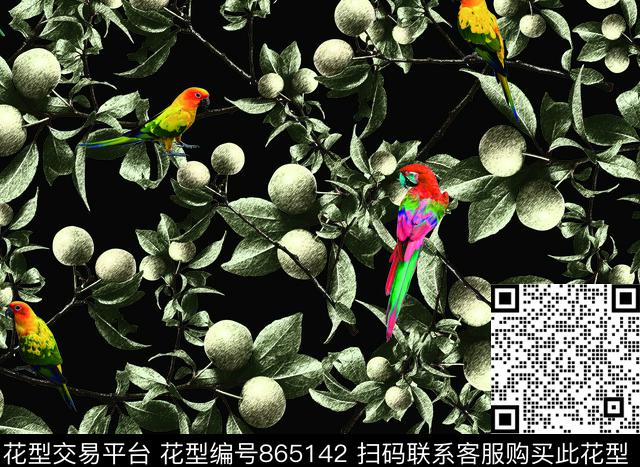 植物果子鹦鹉.jpg - 865142 - 中国 植物 鹦鹉 - 数码印花花型 － 男装花型设计 － 瓦栏