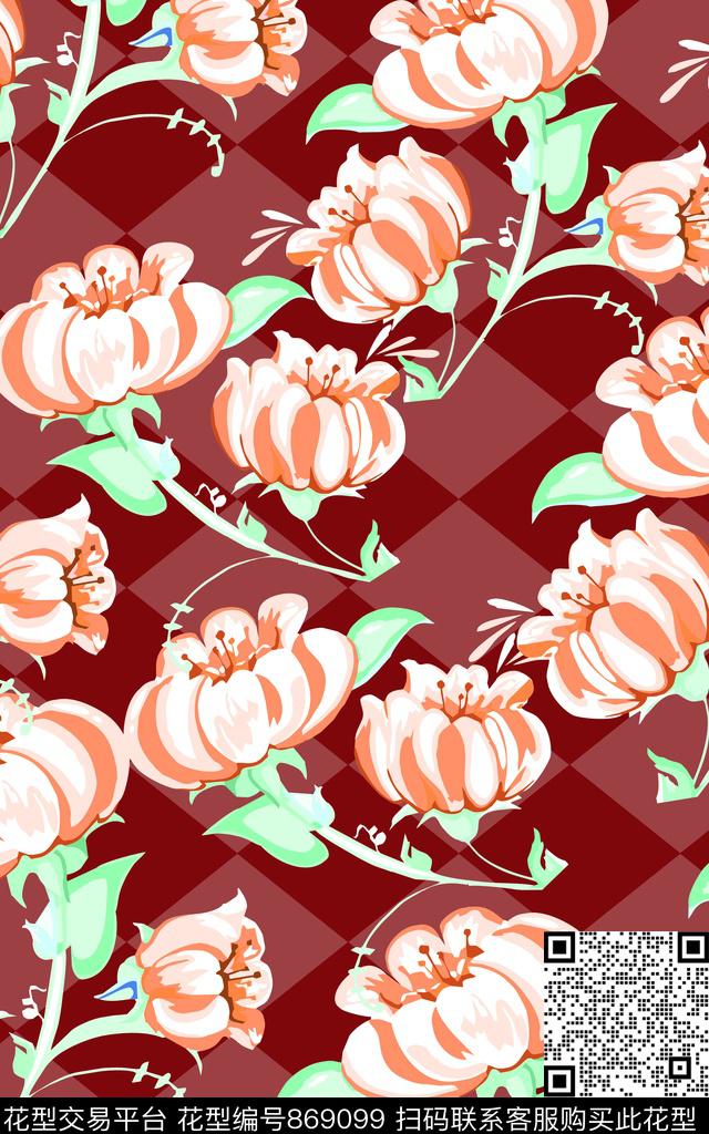 20176112.jpg - 869099 - 写意花卉 花卉 格子 - 传统印花花型 － 女装花型设计 － 瓦栏