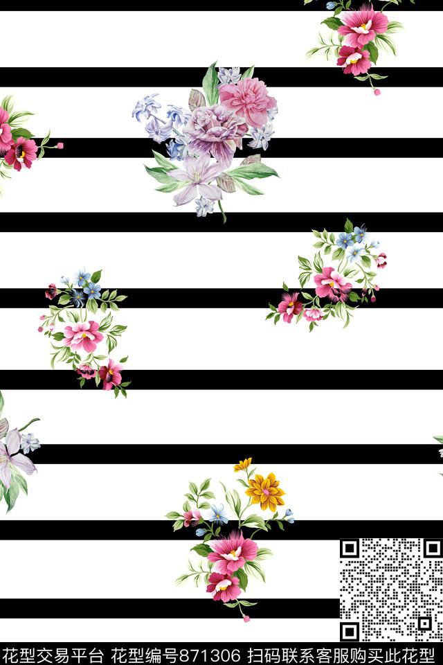 qk0103.jpg - 871306 - 条纹 花卉 清爽 - 数码印花花型 － 女装花型设计 － 瓦栏
