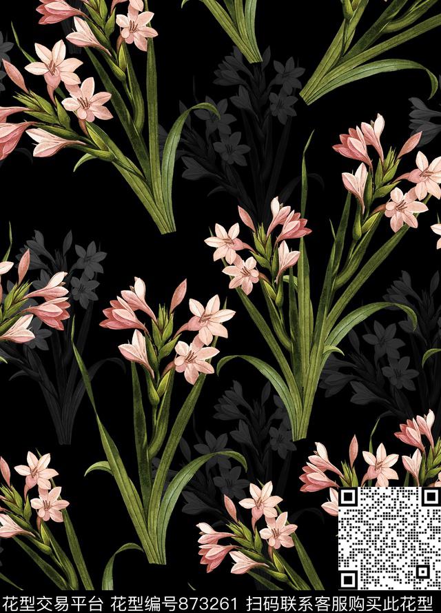瓦栏123.jpg - 873261 - 花卉 黑底 乱花 - 传统印花花型 － 女装花型设计 － 瓦栏