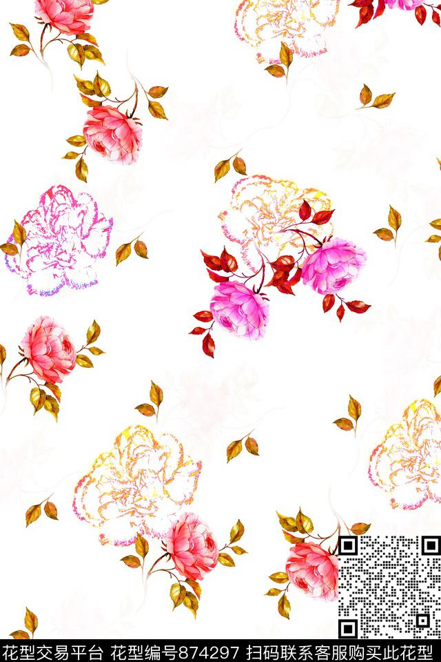 月季-白.jpg - 874297 - 小碎花 花朵 花卉 - 数码印花花型 － 女装花型设计 － 瓦栏
