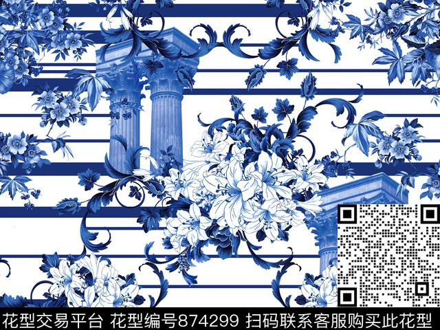 07507.jpg - 874299 - 条纹花朵组合 大花 花朵 - 数码印花花型 － 泳装花型设计 － 瓦栏