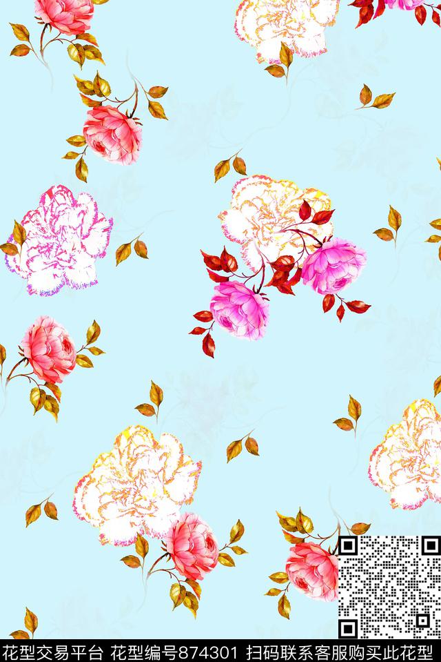 月季-蓝.jpg - 874301 - 小碎花 花朵 花卉 - 数码印花花型 － 女装花型设计 － 瓦栏