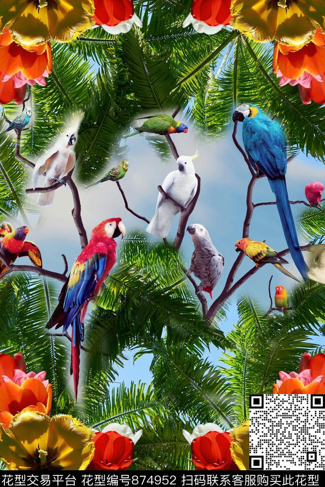 莺歌.jpg - 874952 - 热带 棕榈叶 天堂鸟花 - 数码印花花型 － 女装花型设计 － 瓦栏
