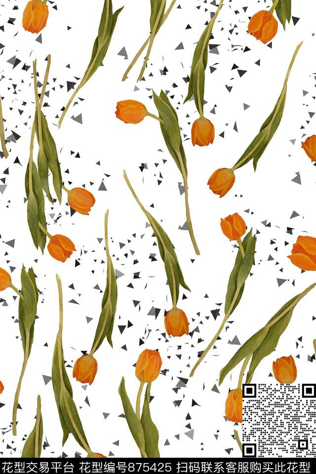 白色底.jpg - 875425 - 郁金香 曲线 几何 - 传统印花花型 － 女装花型设计 － 瓦栏