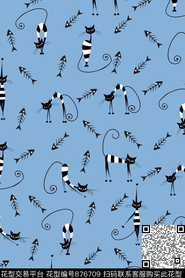 猫咪-浅蓝.jpg - 876709 - 男装 休闲 猫 - 传统印花花型 － 男装花型设计 － 瓦栏