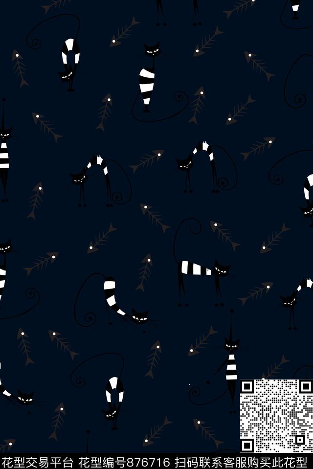 猫咪-深蓝.jpg - 876716 - 男装 休闲 猫 - 传统印花花型 － 男装花型设计 － 瓦栏