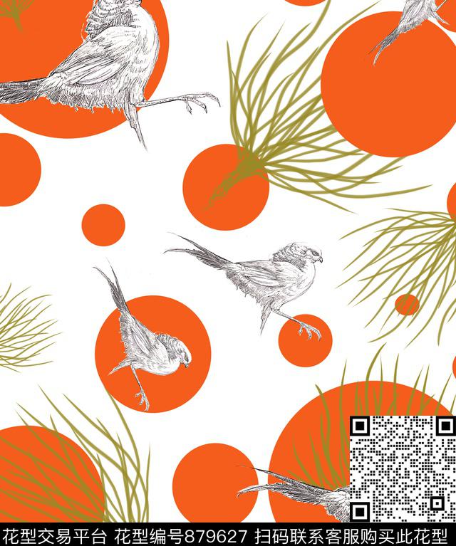 橘色圆加线稿鸟-2-2.jpg - 879627 - 手绘鸟 波点 手绘植物 - 数码印花花型 － 女装花型设计 － 瓦栏