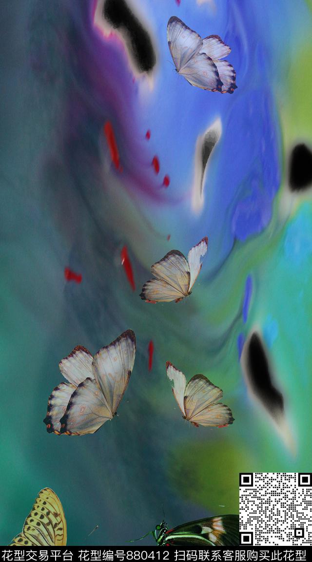 蝴蝶飞啊.jpg - 880412 - 意境 水墨 蝴蝶 - 数码印花花型 － 女装花型设计 － 瓦栏