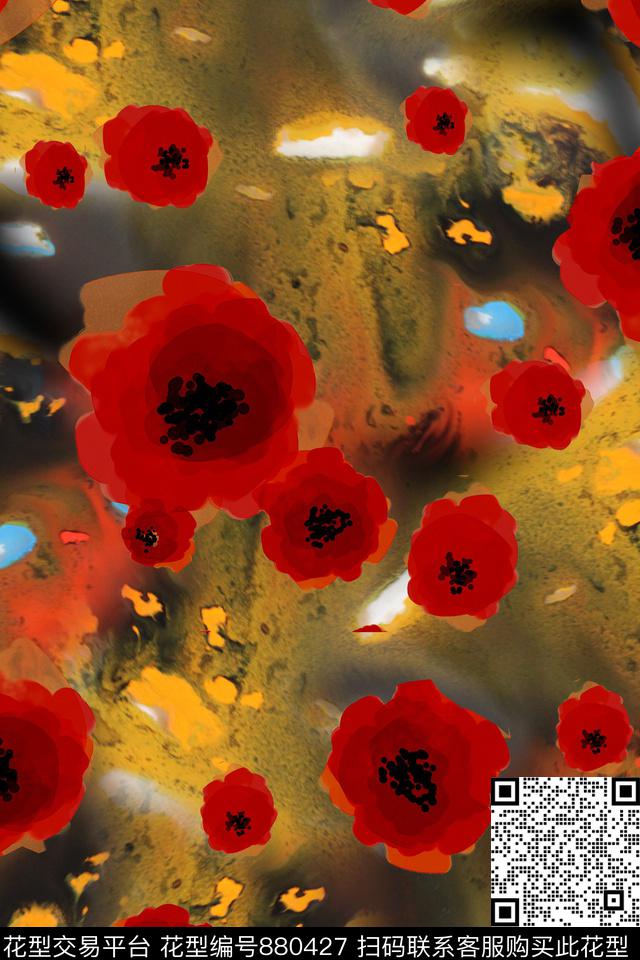 红色的花.jpg - 880427 - 花卉 花朵 意境 - 数码印花花型 － 女装花型设计 － 瓦栏