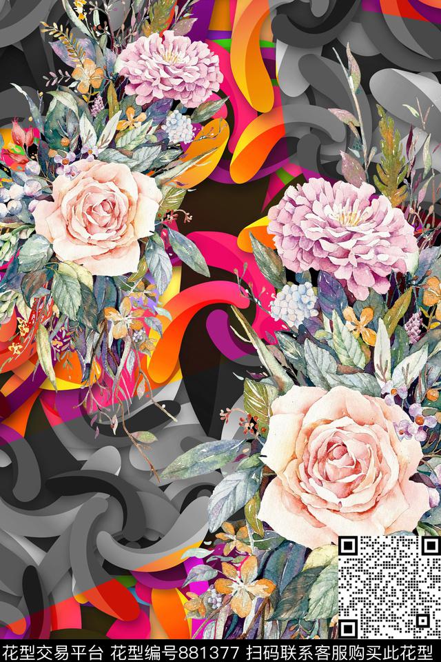 2701.jpg - 881377 - 抽象 玫瑰 拼接 - 数码印花花型 － 女装花型设计 － 瓦栏