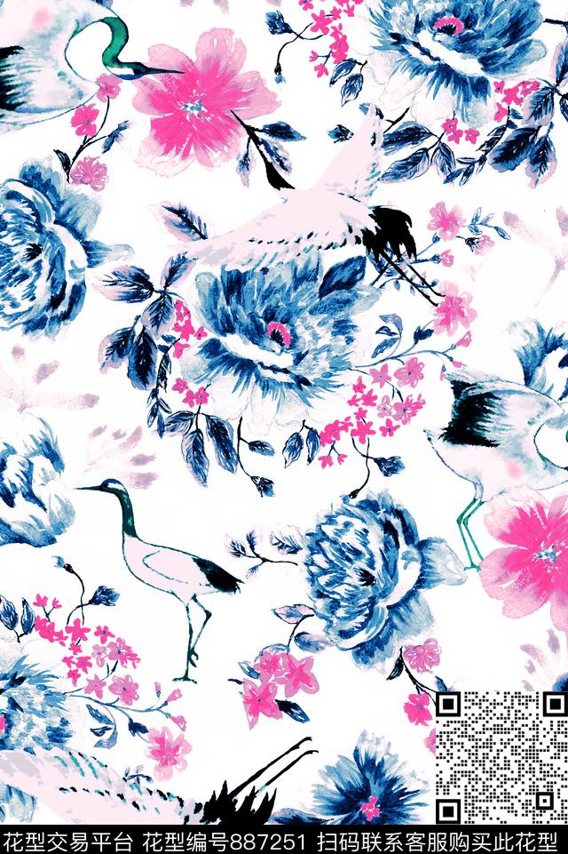 时尚水彩仙鹤花型-color 2.tif - 887251 - 中国风 时尚女装 水彩花卉 - 传统印花花型 － 泳装花型设计 － 瓦栏