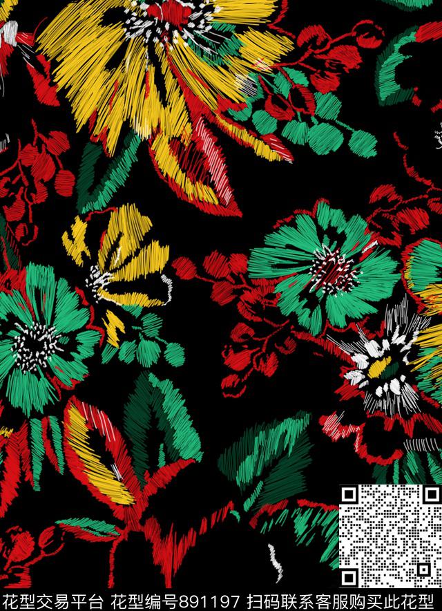 MY1702013-B.jpg - 891197 - 手绘 现代 花卉 - 传统印花花型 － 女装花型设计 － 瓦栏