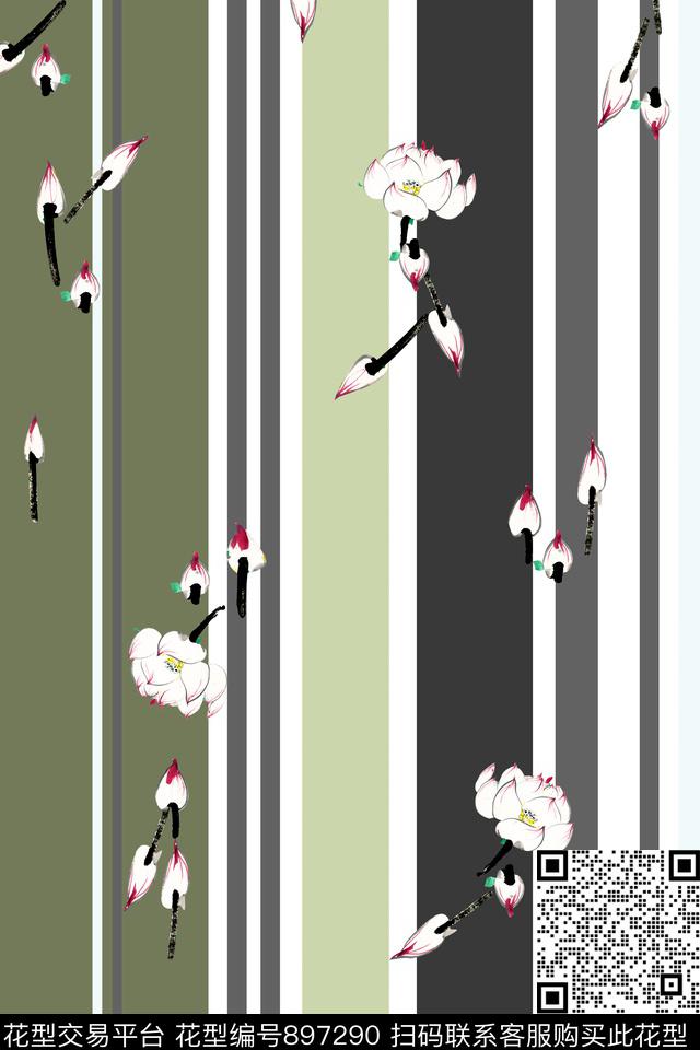 AL-057.jpg - 897290 - 荷花 条纹 多色 - 传统印花花型 － 女装花型设计 － 瓦栏