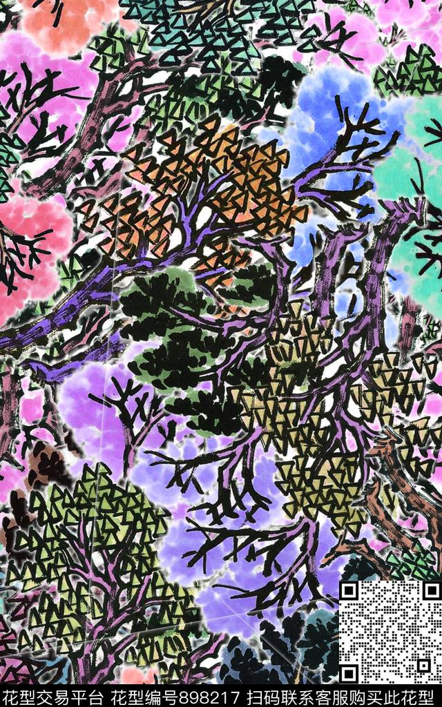 植树副本.jpg - 898217 - 田园 绿植树叶 混合拼接 - 传统印花花型 － 女装花型设计 － 瓦栏