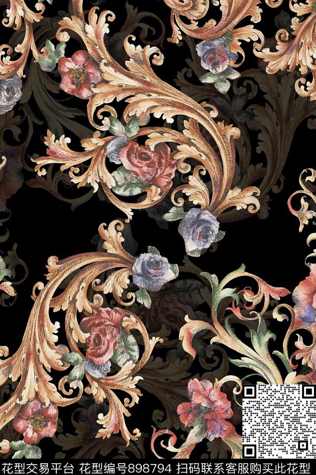 YD000700081.jpg - 898794 - 欧式复古 卷草 宫廷风 - 数码印花花型 － 女装花型设计 － 瓦栏