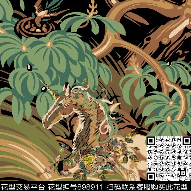 214.jpg - 898911 - 复古 动物 马 - 数码印花花型 － 方巾花型设计 － 瓦栏