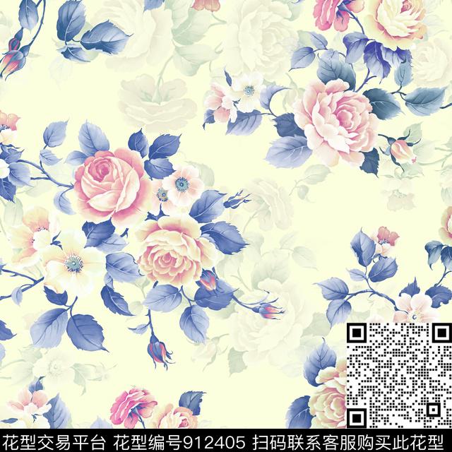 复古花卉植物.jpg - 912405 - 水彩花卉 手绘花卉 素雅 - 数码印花花型 － 女装花型设计 － 瓦栏