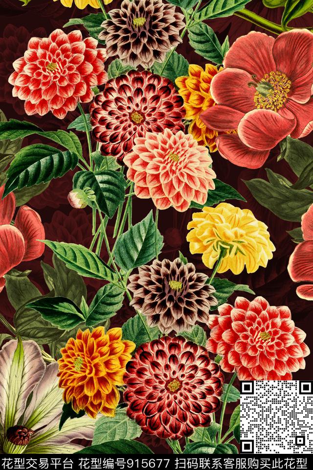 20170813 vintage floral 3.jpg - 915677 - 中老年 黑底花卉 复古 - 数码印花花型 － 女装花型设计 － 瓦栏