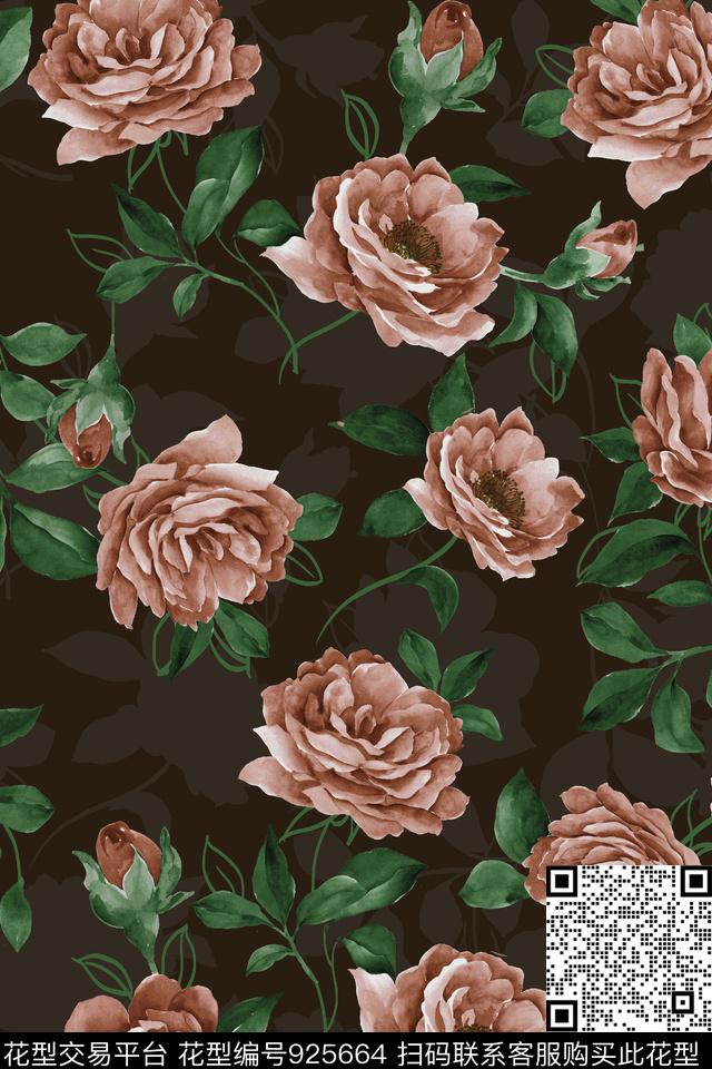 H06C.jpg - 925664 - 田园 水彩花卉 玫瑰花 - 数码印花花型 － 女装花型设计 － 瓦栏