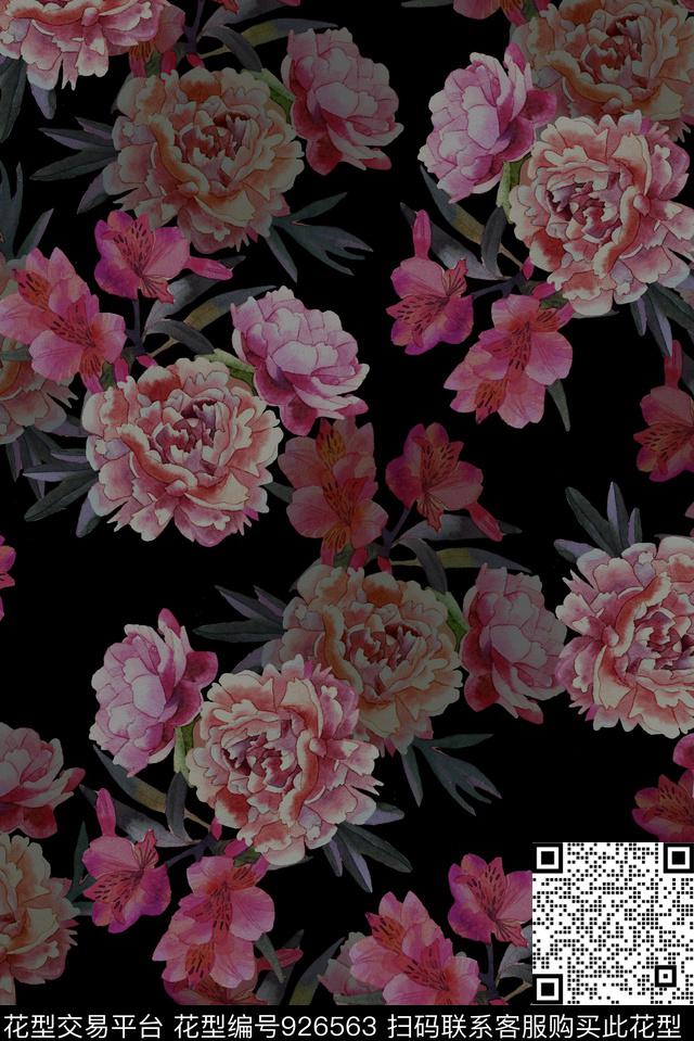 13C.jpg - 926563 - 水彩花卉 黑底花卉 手绘花卉 - 数码印花花型 － 女装花型设计 － 瓦栏