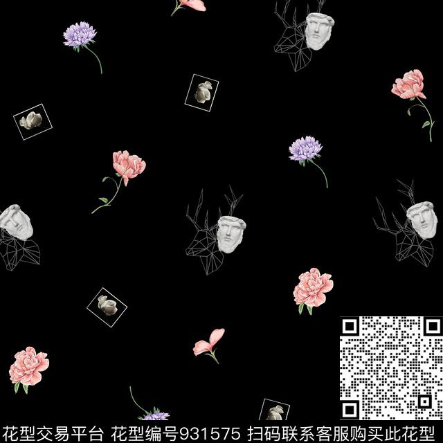 自己开发的图案.jpg - 931575 - 手绘花卉 石膏人像 几何鹿头 - 数码印花花型 － 女装花型设计 － 瓦栏