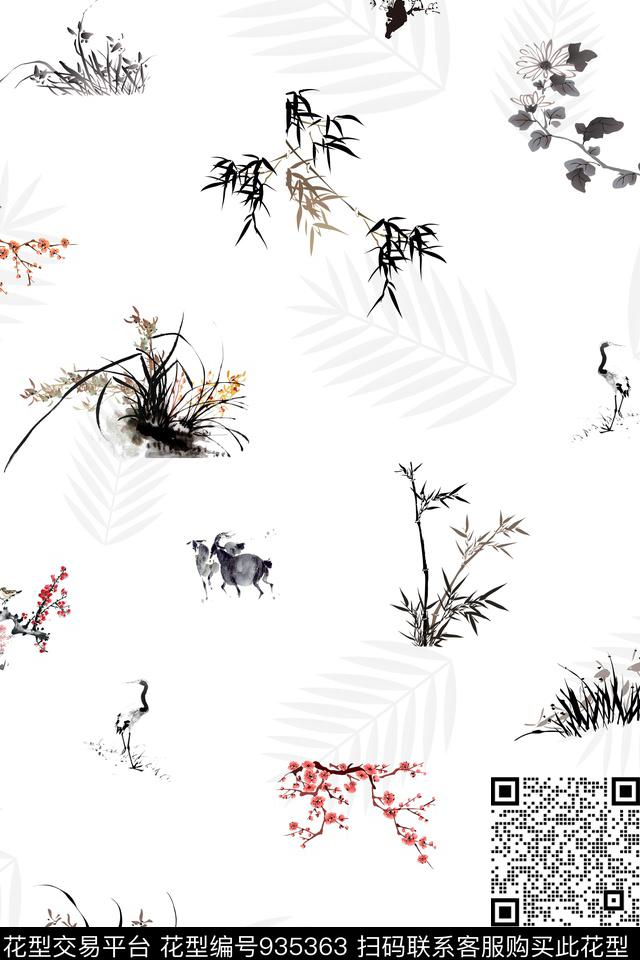 ys-401-1.jpg - 935363 - 动物花卉 中国 水墨风 - 数码印花花型 － 女装花型设计 － 瓦栏