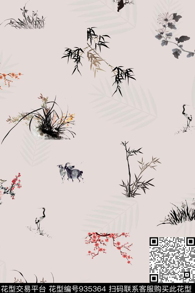 ys-401-2.jpg - 935364 - 动物花卉 中国 水墨风 - 数码印花花型 － 女装花型设计 － 瓦栏