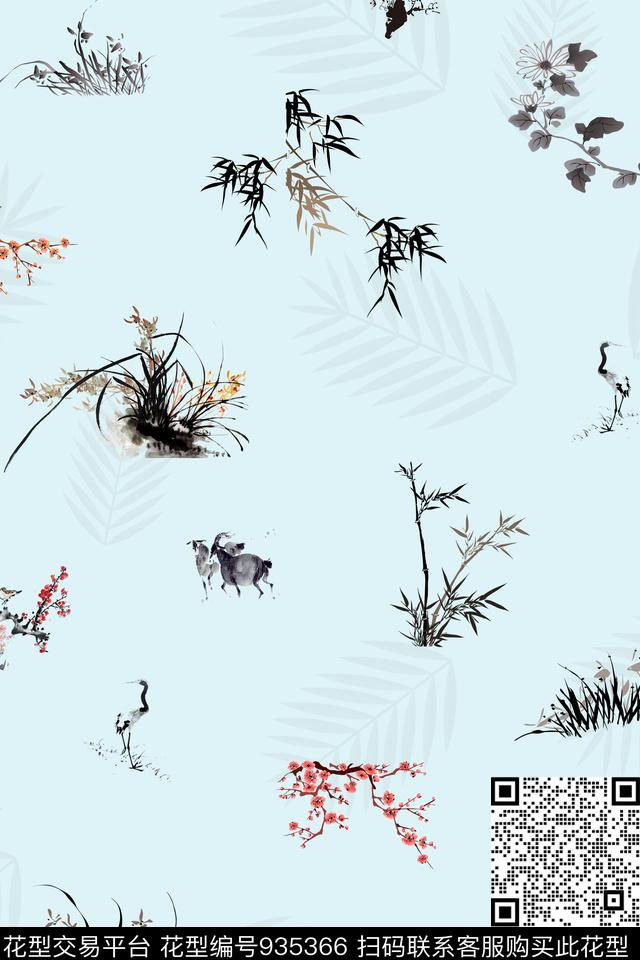 ys-401-3.jpg - 935366 - 动物花卉 中国 水墨风 - 数码印花花型 － 女装花型设计 － 瓦栏