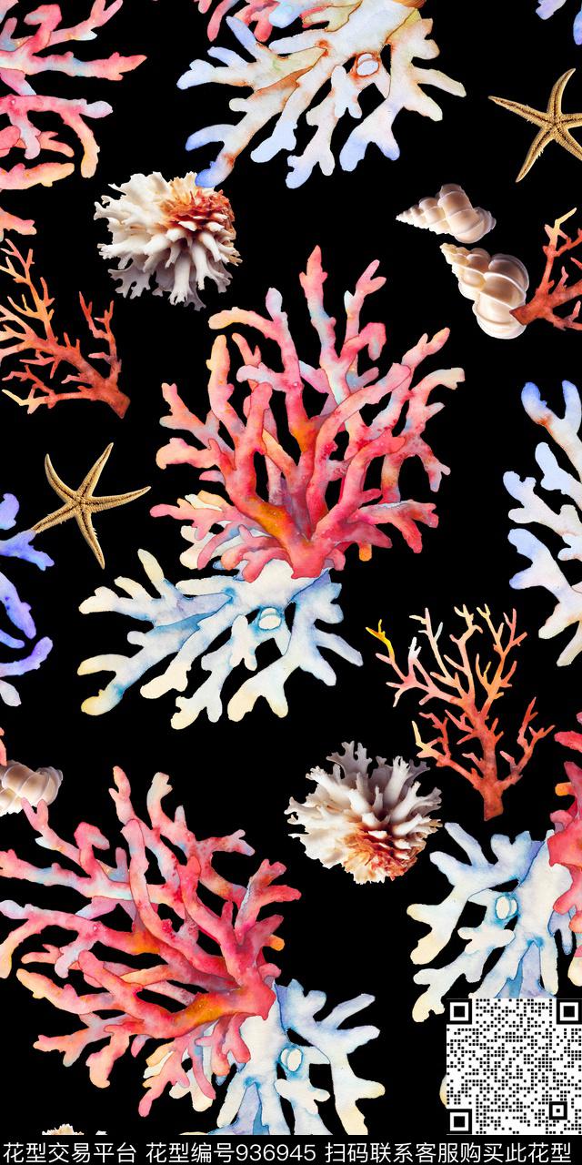 QSMX32.jpg - 936945 - 珊瑚 海星 清爽底花卉 - 数码印花花型 － 女装花型设计 － 瓦栏