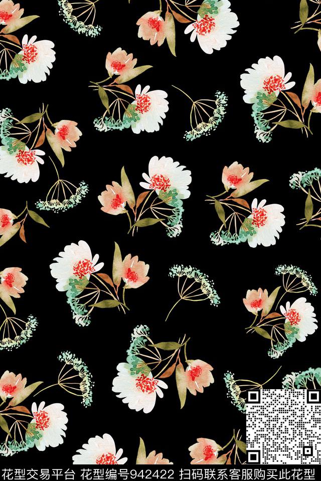 H10A.jpg - 942422 - 黑底花卉 植物 可爱 - 传统印花花型 － 女装花型设计 － 瓦栏