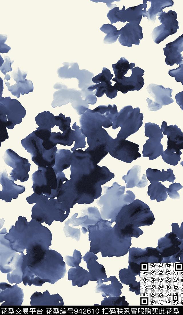 blue watercolor floral-V1.jpg - 942610 - 水彩花卉 渐变 花卉 - 传统印花花型 － 床品花型设计 － 瓦栏