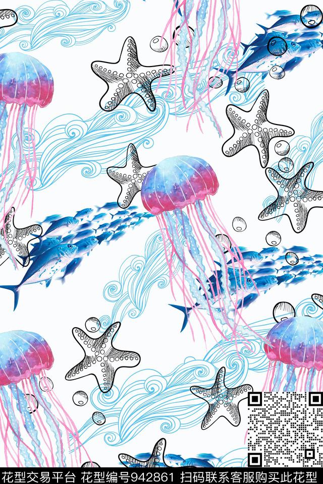 1406-1.jpg - 942861 - 水母 海星 海浪 - 数码印花花型 － 童装花型设计 － 瓦栏