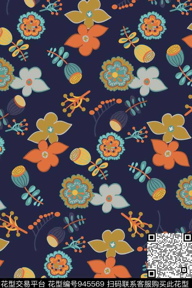 18.jpg - 945569 - 黑底花卉 植物 玉兰花 - 传统印花花型 － 女装花型设计 － 瓦栏