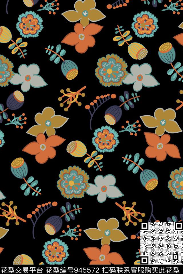 18C.jpg - 945572 - 黑底花卉 植物 玉兰花 - 传统印花花型 － 女装花型设计 － 瓦栏