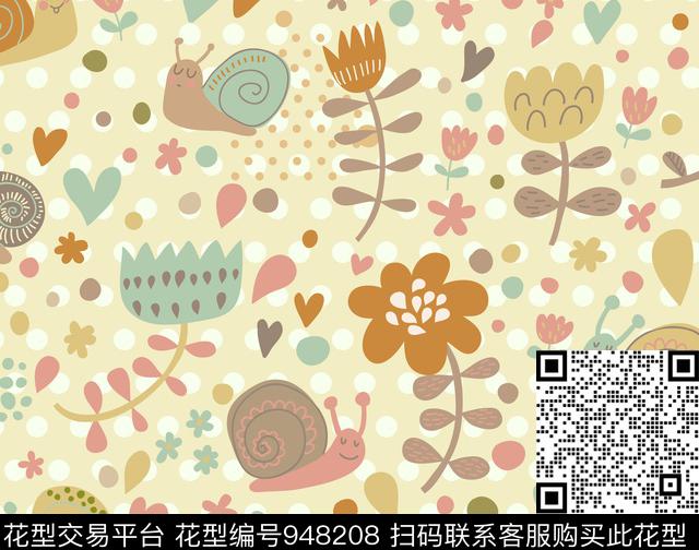 蜗牛.jpg - 948208 - 卡通动物 卡通 手绘花卉 - 数码印花花型 － 童装花型设计 － 瓦栏