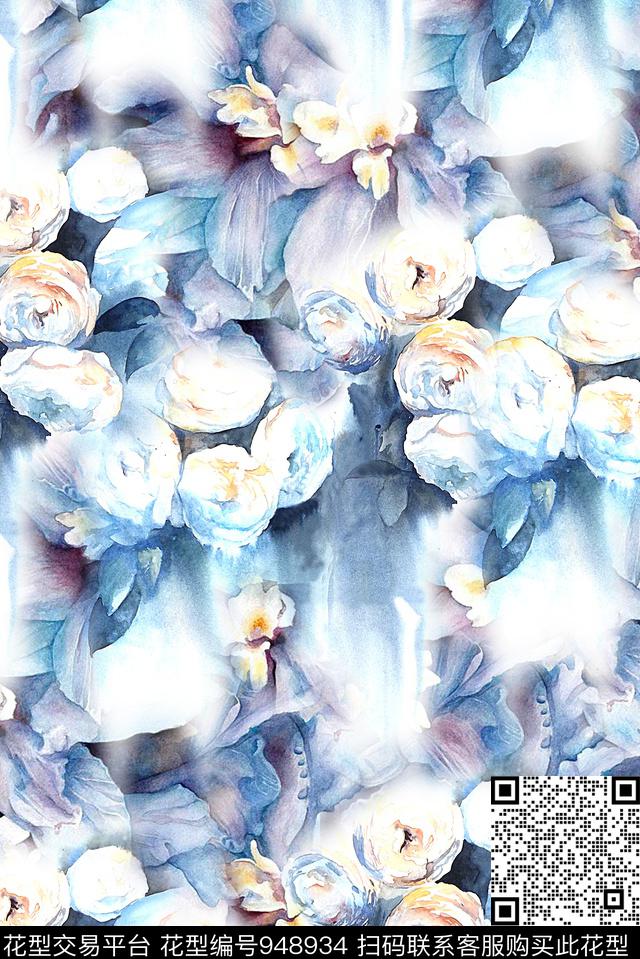 蓝玫瑰.jpg - 948934 - 数码花型 年轻女性 花卉 - 数码印花花型 － 女装花型设计 － 瓦栏