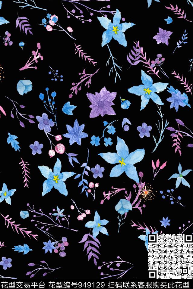 黑底碎花图案.jpg - 949129 - 小碎花 可爱 数码花型 - 数码印花花型 － 女装花型设计 － 瓦栏