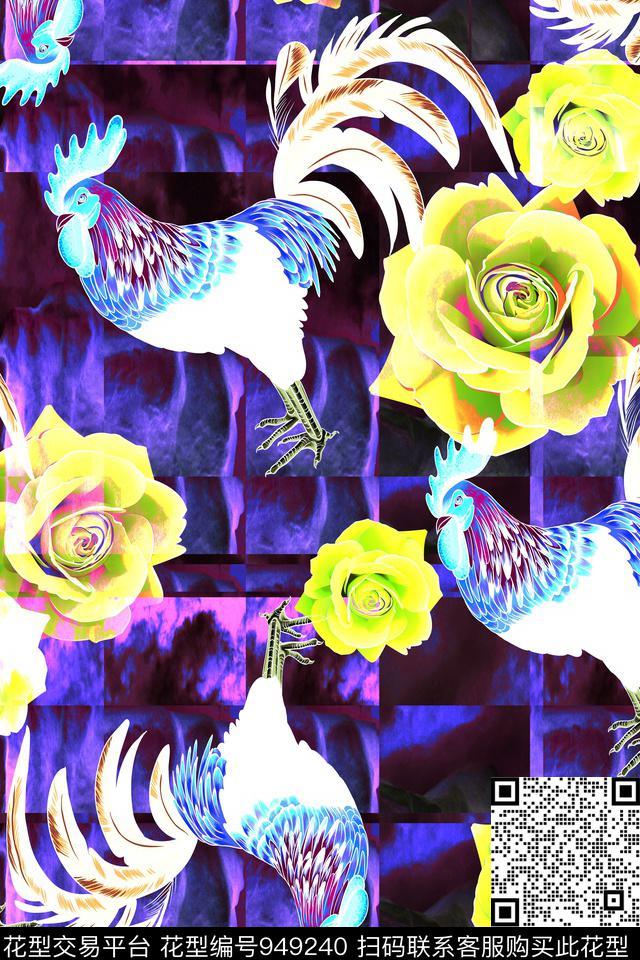 20171091.jpg - 949240 - 玫瑰花 公鸡 机理背景 - 数码印花花型 － 女装花型设计 － 瓦栏