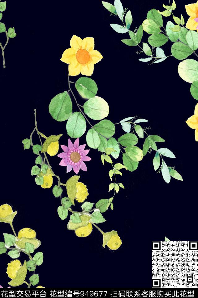简约花卉.jpg - 949677 - 绘画 水彩花卉 女装 - 数码印花花型 － 女装花型设计 － 瓦栏