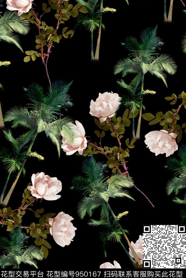 椰子树花卉组合.jpg - 950167 - 朦胧花卉 椰子树 大花 - 数码印花花型 － 女装花型设计 － 瓦栏