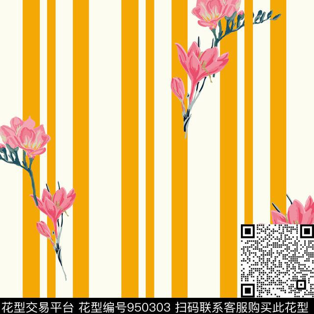 条纹花卉家居服花型1.jpg - 950303 - 条纹 线条花卉 花卉 - 数码印花花型 － 女装花型设计 － 瓦栏