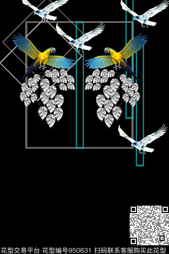 201710121.jpg - 950631 - 鸟 几何方框 绿植树叶 - 数码印花花型 － 女装花型设计 － 瓦栏