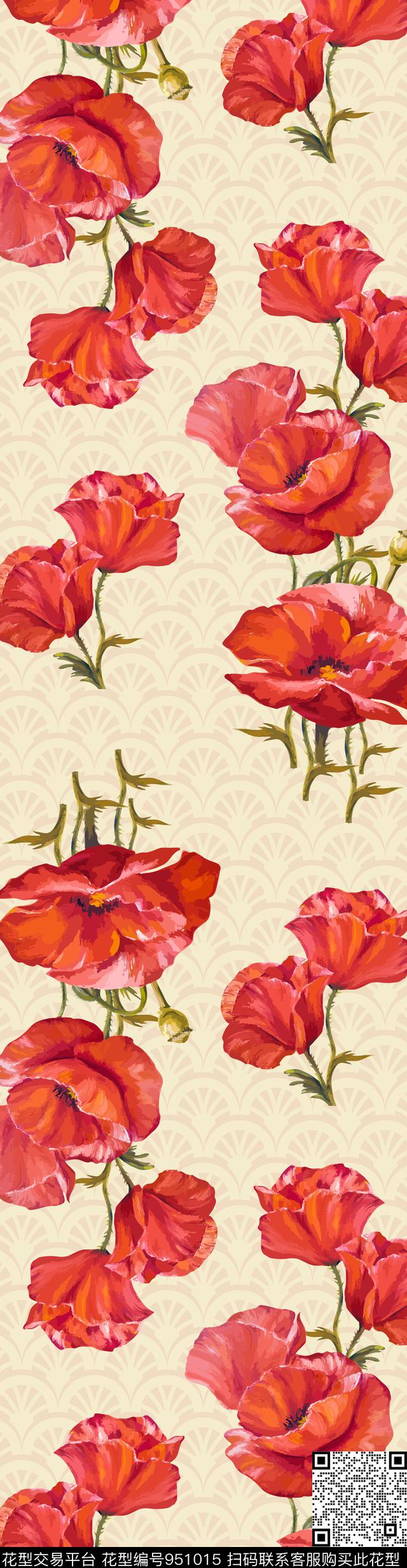 1.jpg - 951015 - 花卉 床品 红花 - 传统印花花型 － 床品花型设计 － 瓦栏