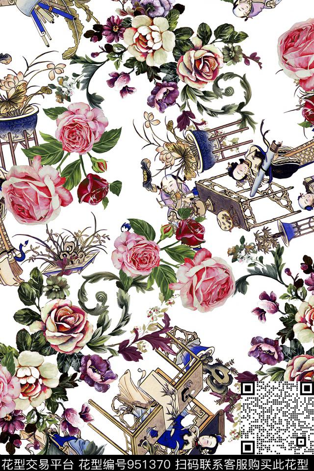 手绘仕女花.jpg - 951370 - 复古 仕女 手绘花卉 - 数码印花花型 － 女装花型设计 － 瓦栏