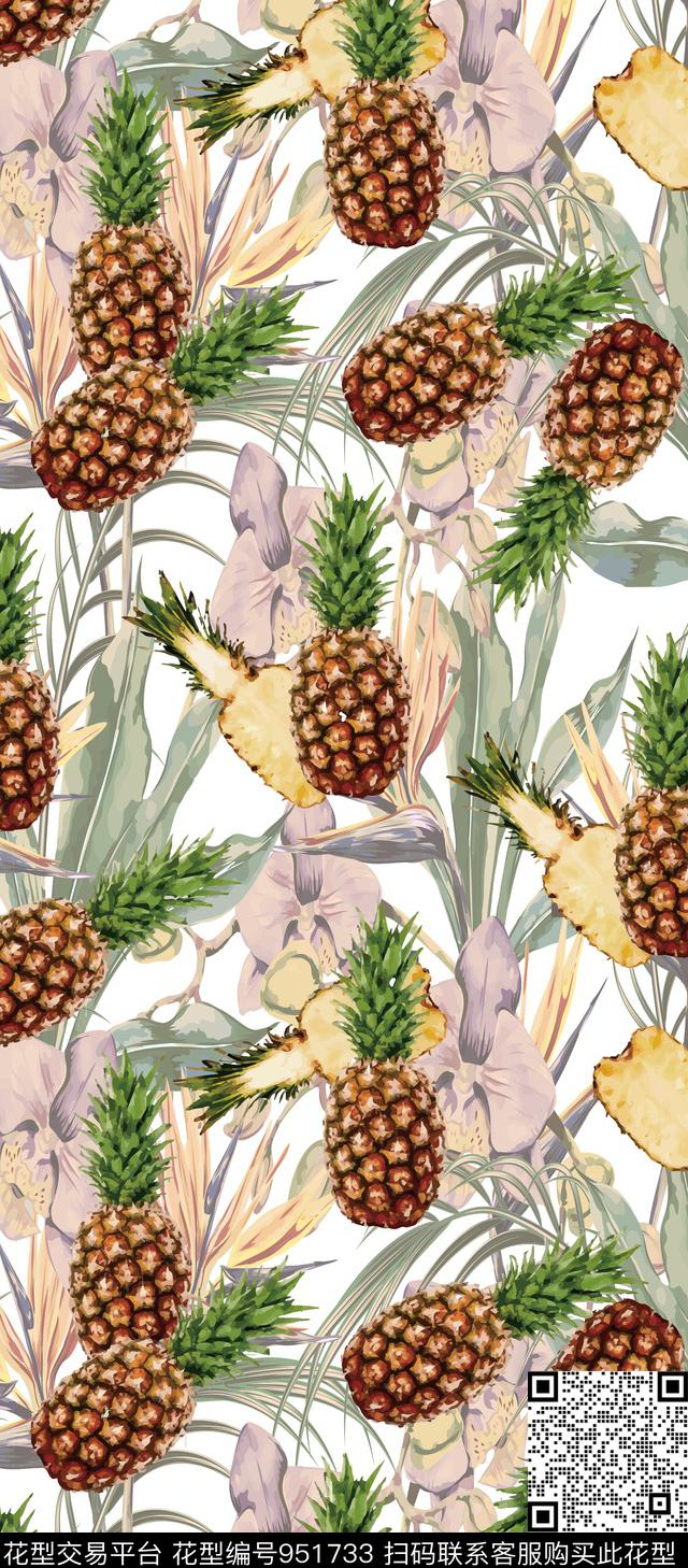 热带菠萝图.jpg - 951733 - 数码花型 水果 菠萝 - 数码印花花型 － 女装花型设计 － 瓦栏