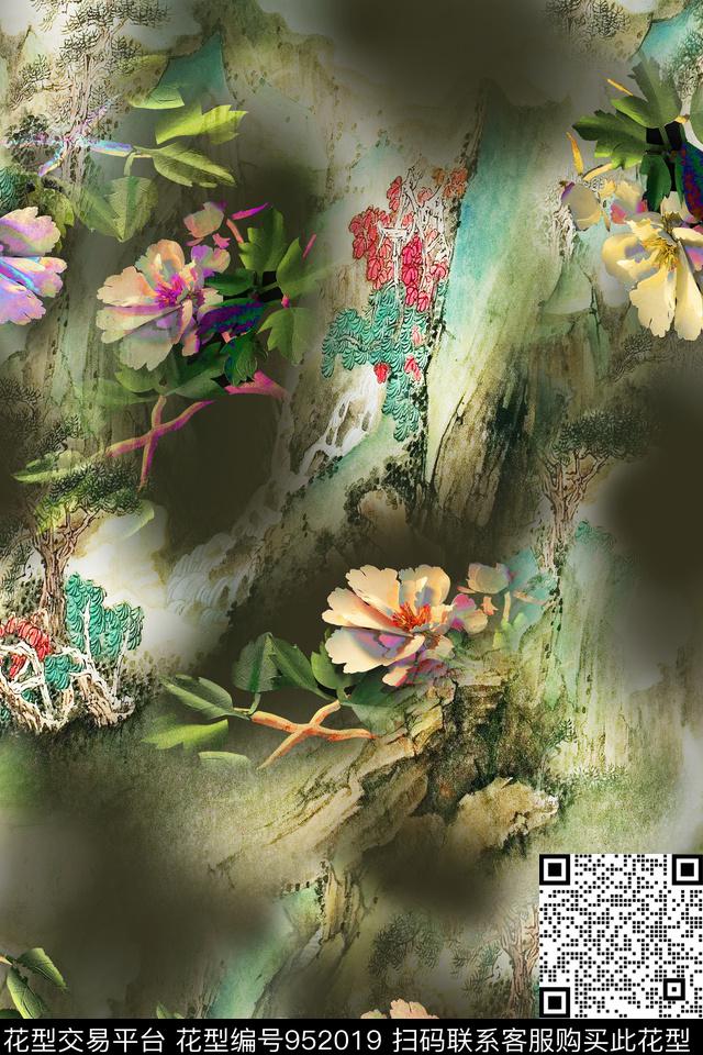 国画立体雕刻花.jpg - 952019 - 抽象 国画 立体花卉 - 数码印花花型 － 女装花型设计 － 瓦栏
