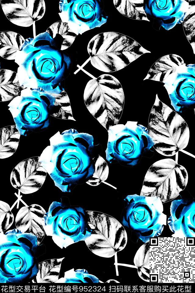 20171014.jpg - 952324 - 彩底花卉 绿植树叶 黑色树叶 - 数码印花花型 － 女装花型设计 － 瓦栏
